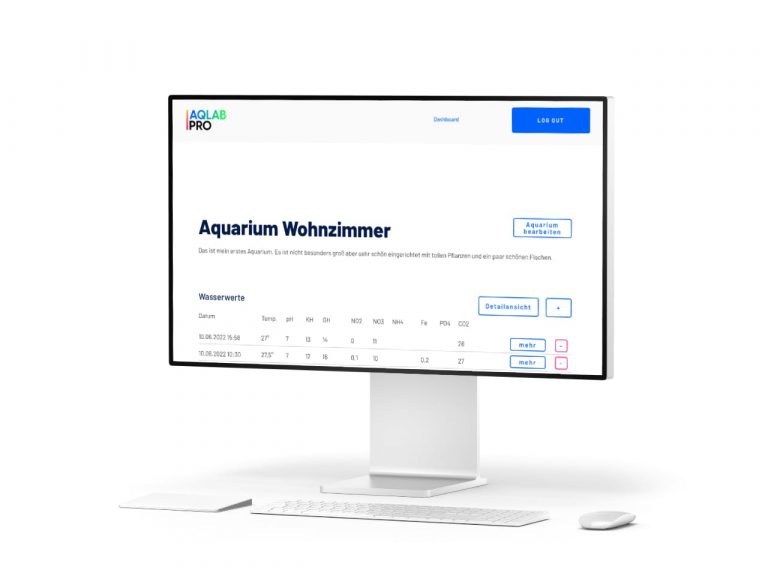 Aqlab PRO App Dashboard Aquarium Wohnzimmer auf einem Mac